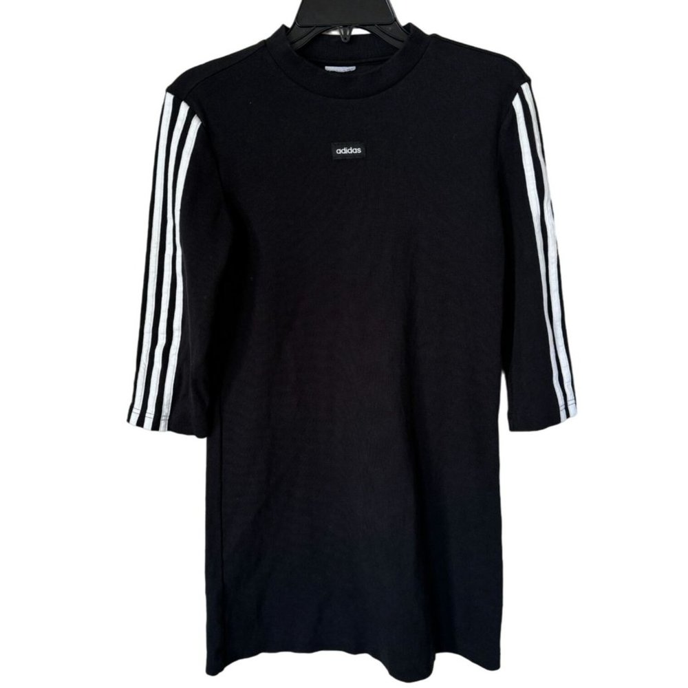 Adidas Stripe Ribbed Sport Dress Black/White‎ 3 Stripes 3/4 Sleeve Woman's Small